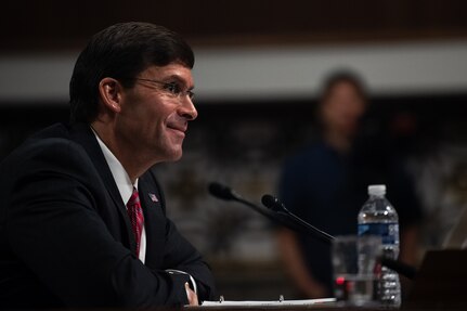 Then-Army Secretary Dr. Mark T. Esper answers questions from members of the Senate Armed Services Committee during the confirmation hearing on his nomination to serve as secretary of defense July 16. Esper was confirmed as the 27th Secretary of Defense July 23.