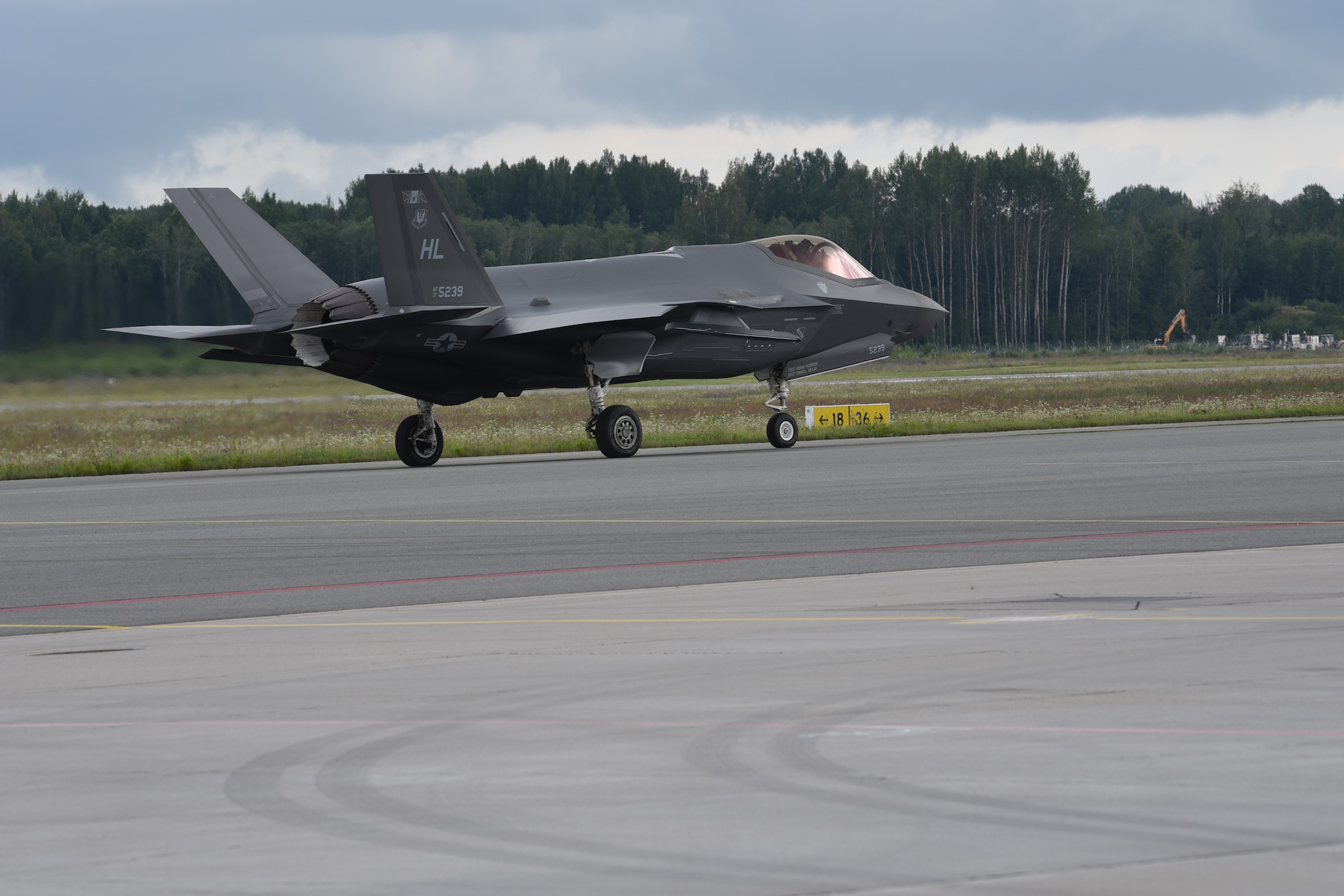 A U.S. Air Force F-35A Lightning II fighter jet deployed from the 388th and 419th Fighter Wings, Hill Air Force Base, Utah, taxis on a runway during Operation Rapid Forge at Lielvarde Air Base, Latvia, July, 23, 2019. This is the first time a U.S. Air Force F-35 Lightning II stealth fighter has landed in Latvia. Operation Rapid Forge is a U.S. Air Forces in Europe-led mission to enhance readiness and test the ability to function at locations other than the main air bases.
