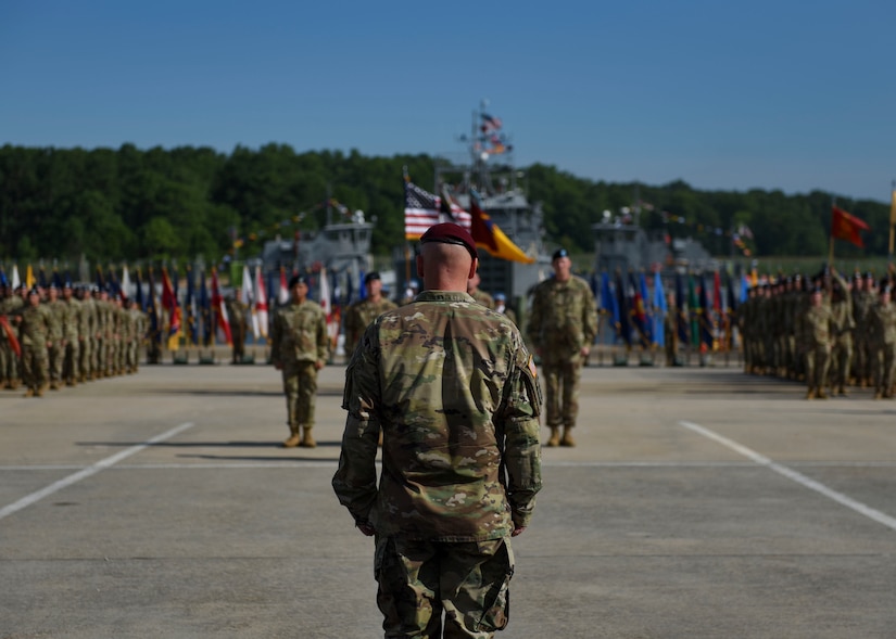 U.S. Army Maj. Gen. Brian J. McKiernan, XVIII Airborne Corps and Fort Bragg deputy commanding general, stands at attention before Soldiers during a 7th Transportation Brigade (Expeditionary) change of command ceremony at Joint Base Langley-Eustis, Virginia, July 18, 2019.