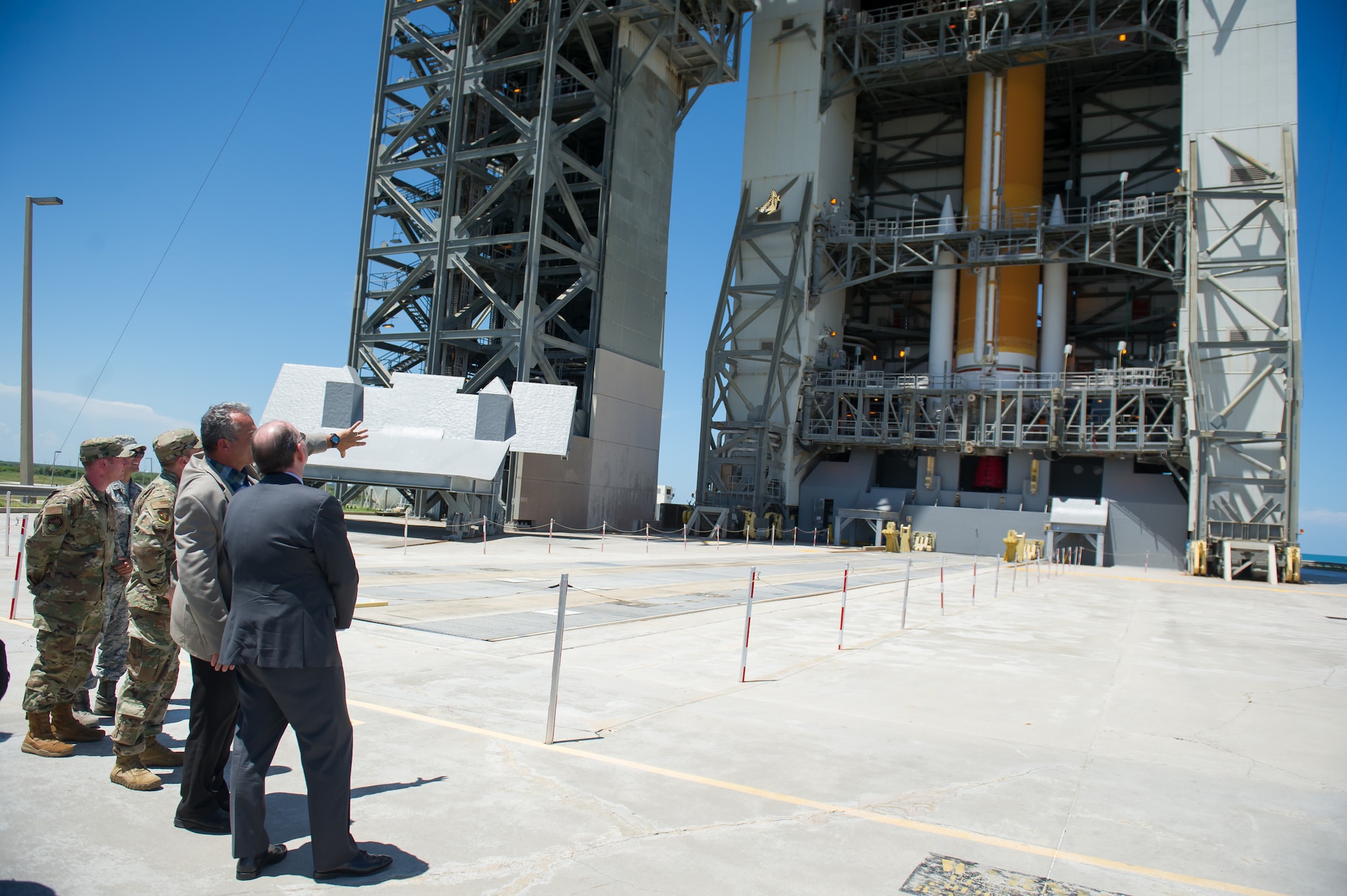 Acting Secretary of the Air Force Matthew Donovan is shown United Launch Alliance’s Delta IV rocket on Space Launch Complex-37 on July 19, 2019, at Cape Canaveral Air Force Station, Fla. Donovan visited the 45th Space Wing at Patrick Air Force Base, Fla., to become more familiar with space launch operations and to celebrate the 50th anniversary of NASA’s Apollo 11 mission. (U.S. Air Force photo by Jared Trimarchi)