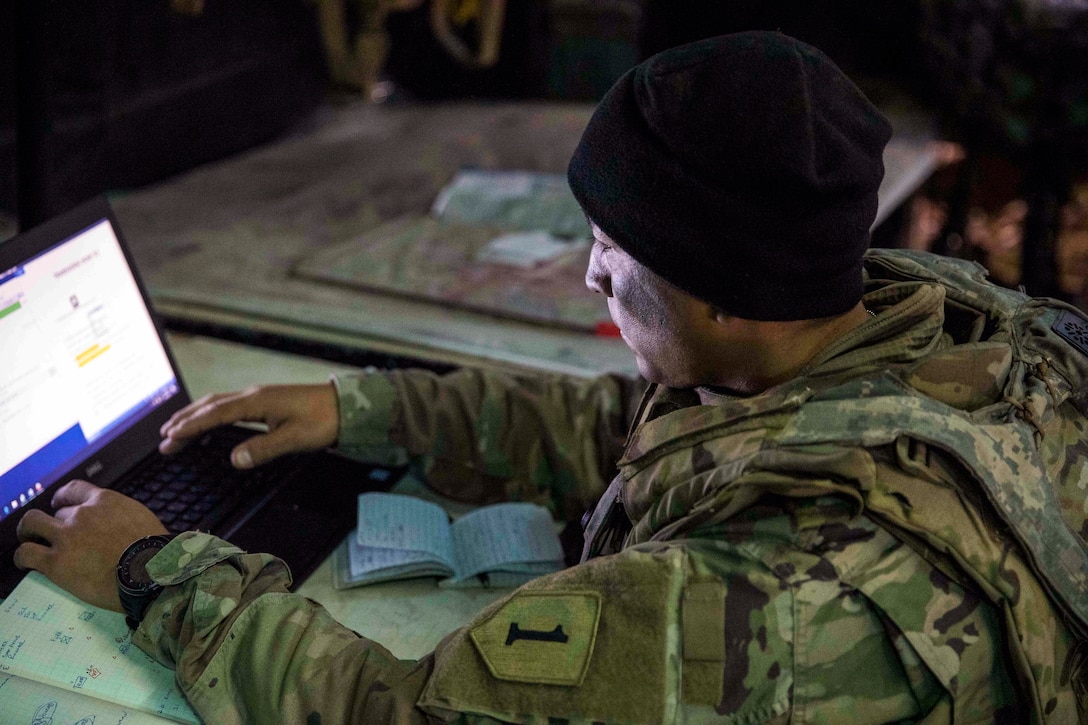 All-source intelligence technician assigned to 2nd Battalion, 34th Armored Regiment, 1st Armored Brigade Combat Team, reviews significant activity during exercise Allied Spirit X in Hohenfels, Germany, April 8, 2019 (U.S. Army/Thomas Mort)
