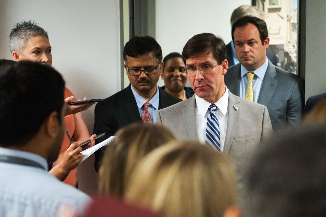 Defense Secretary Dr. Mark T. Esper speaks to reporters.