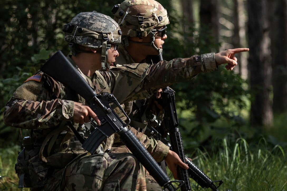 Two soldiers look down a road.