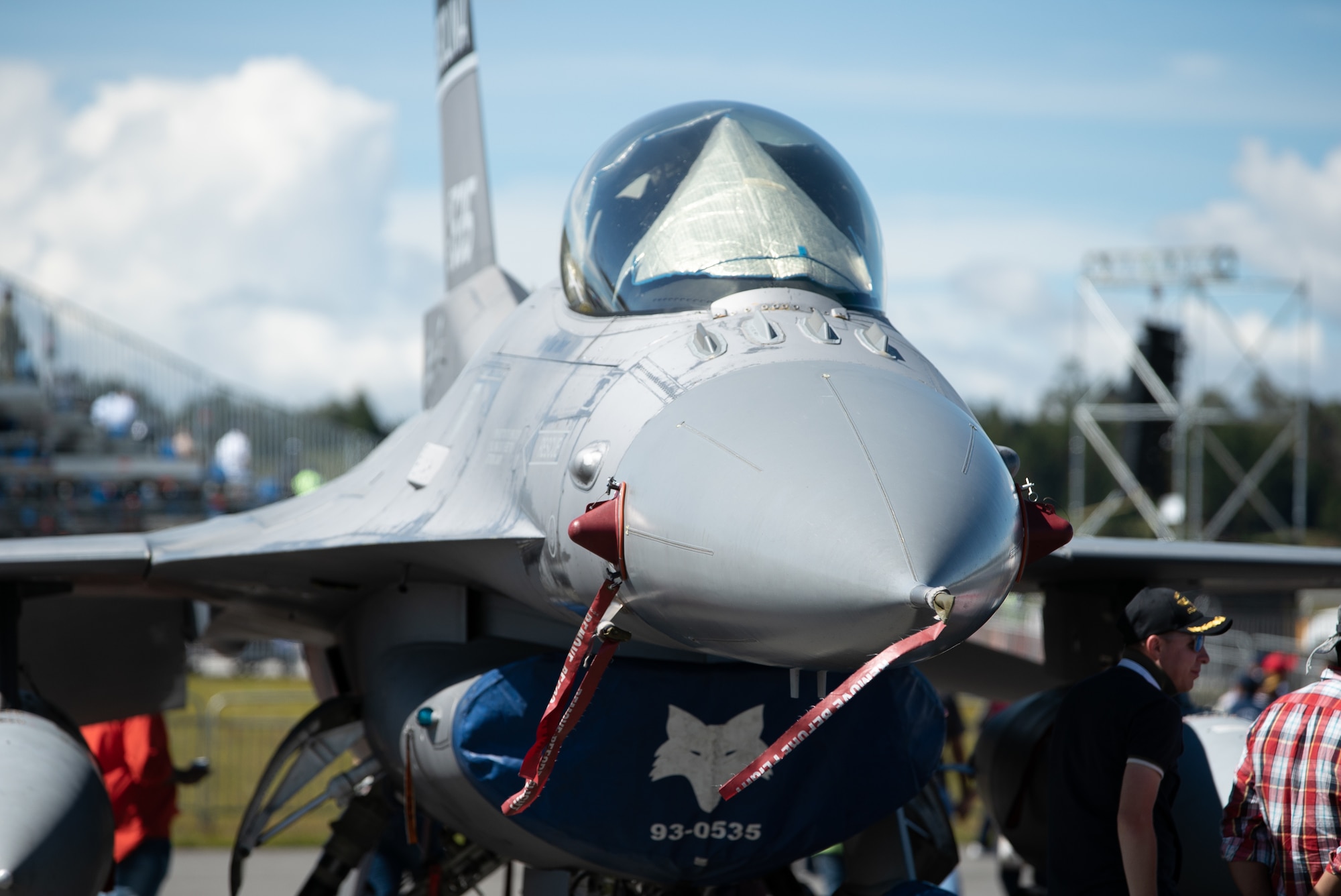 An F-16 Fighting Falcon from the 169th Fighter Squadron, South Carolina Air National Guard, is publicly displayed during the Feria Aeronáutica Internacional—Colombia 2019 (F-AIR) at José María Córdova International Airport in Rionegro, Colombia, July 14, 2019.