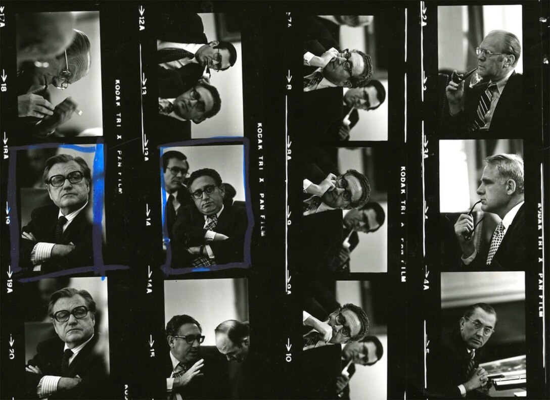 Section of negative contact sheet for White House Photography Office roll A452 includes President Gerald Ford, Chief of Staff Donald H. Rumsfeld,
Secretary of State Henry Kissinger, Central Intelligence Agency Director William Colby, Secretary of Defense James R. Schlesinger, and Vice President William Rockefeller, on day 3 of Mayaguez discussions, May 1975 (David Kennerly/Gerald R. Ford Presidential Library)