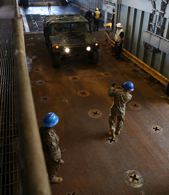 U.S. Marine Corps Cpl. Julio Quebrado, a rifleman with 3rd battalion 2nd Marines assigned to Task Force 27, guides a Humvee during a Marine and Navy joint loading exercise aboard the dock landing ship USS Carter Hall (LSD 50) July 11, 2019 at Naval Station Norfolk, Virginia. The LOADEX mission is to help Marines and Sailors maintain proficiency, combat readiness, and mission capability. (U.S. Marine Corps photo by Cpl. Desmond Martin)