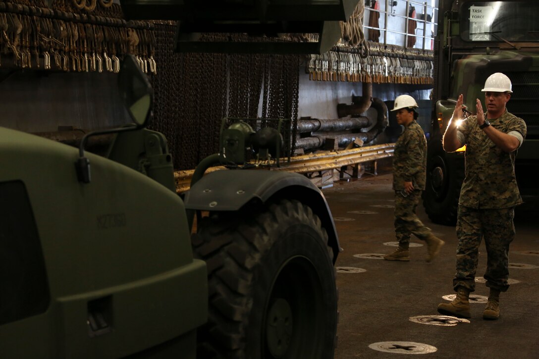 U.S. Marine Corps Gunnery Sgt. Christopher Oakley, a combat cargo assistant with Amphibious Squadron 4 guides an expendable boom forklift during a Marine and Navy joint-loading exercise aboard the dock landing ship USS Carter Hall July 11, 2019 at Naval Station Norfolk, Va. The LOADEX mission is to help Marines and Sailors maintain proficiency, combat readiness, and mission capability. (U.S. Marine Corps photo by Cpl. Desmond Martin)