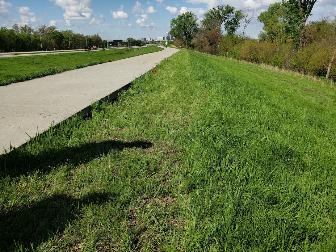 Levee L627 settlement damage identified by the USACE Omaha District team during their initial damage assessment in Story County, Iowa May 10, 2019.