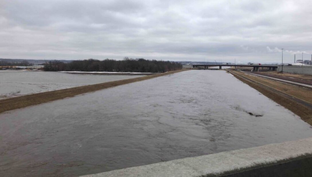 High water in Mosquito Creek on Mar. 14, 2019. Photo taken from the Hwy 92 bridge looking southeast towards the I-29 in Iowa.