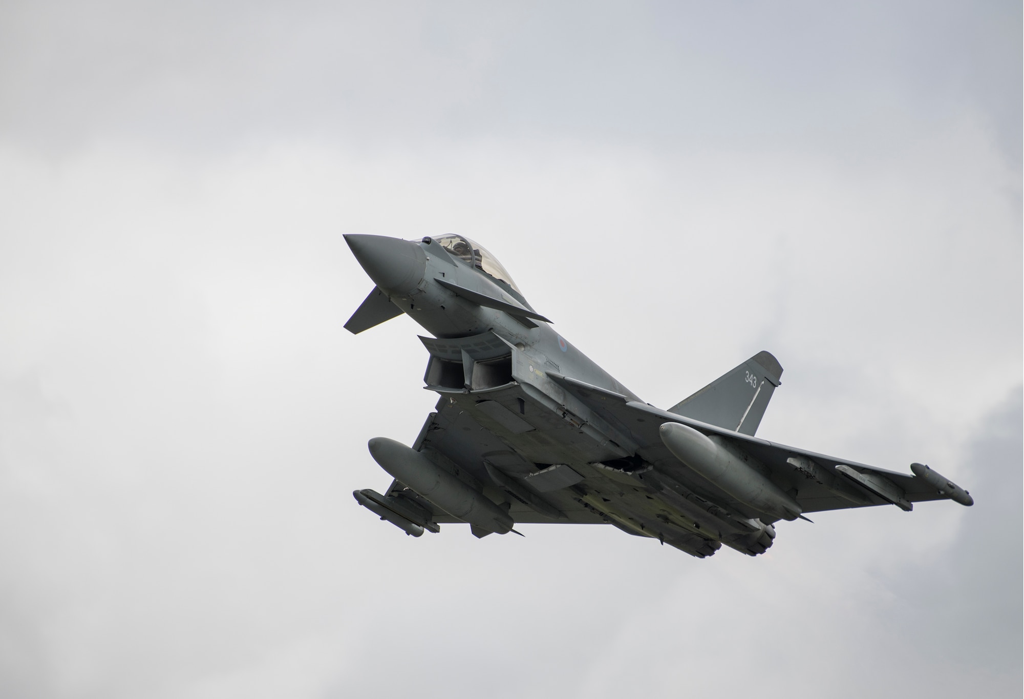 A Royal Air Force Eurofighter Typhoon FGR4 flies past the audience during the NATO 70th Anniversary Flypast at the 2019 Royal International Air Tattoo at RAF Fairford, England, July 20, 2019. This year, RIAT commemorated the 70th anniversary of NATO and highlighted the United States' enduring commitment to its European allies. (U.S. Air Force photo by Airman 1st Class Jennifer Zima)