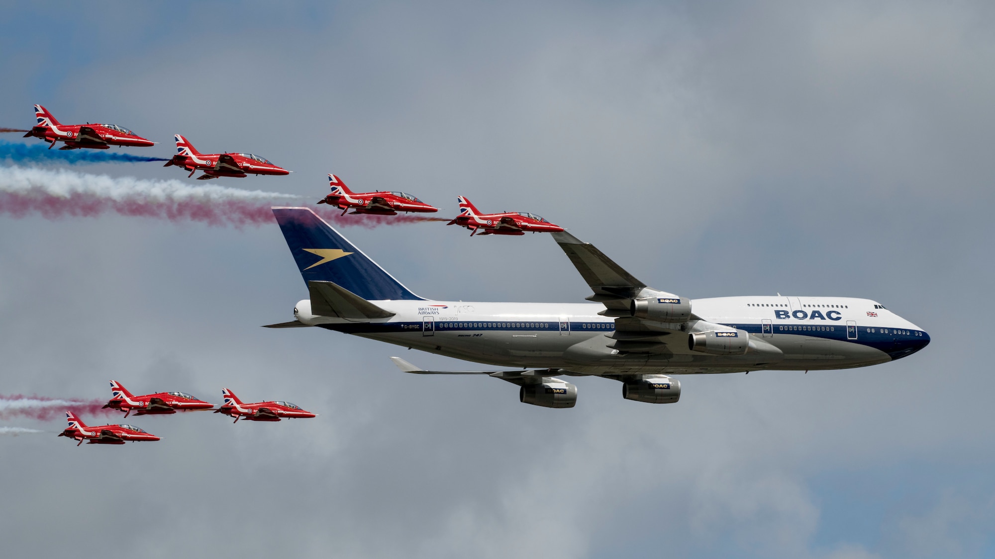 The Royal Air Force’s Red Arrows and a British Airways Boeing 747-436 conduct a flypast during the 2019 Royal International Air Tattoo at RAF Fairford, England, July 20, 2019. This year, RIAT commemorated the 70th anniversary of NATO and highlighted the United States' enduring commitment to its European allies. (U.S. Air Force photo by Airman 1st Class Jennifer Zima)