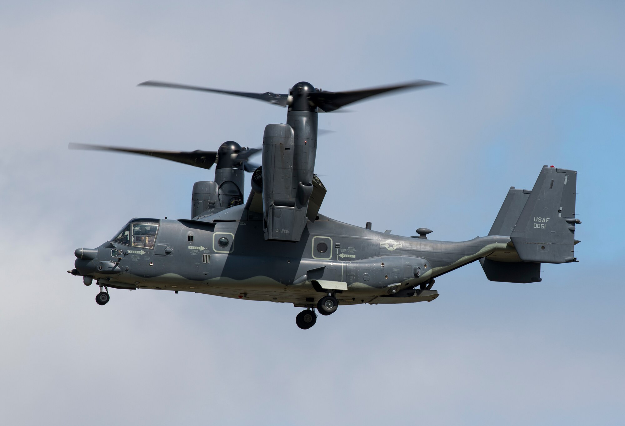 A U.S. Air Force CV-22 Osprey flies during the 2019 Royal International Air Tattoo at RAF Fairford, England, July 20, 2019. This year's RIAT commemorated the 70th anniversary of NATO and highlighted the United States' enduring commitment to its European allies. (U.S. Air Force photo by Airman 1st Class Jennifer Zima)