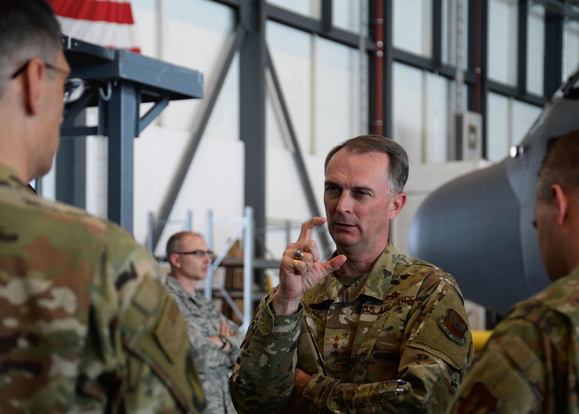 U.S. Air Force Lt. Gen. Warren Berry, deputy chief of staff for Logistics, Engineering and Force Protection, Headquarters U.S. Air Force, Arlington, Va., asks 86th Logistics Readiness Squadron supply technicians a question on Ramstein Air Base, Germany, July 18, 2019. Berry toured the 86th Civil Engineer Group, 86th Maintenance Squadron, 86th Logistics Readiness Squadron, 86th Munitions Squadron, and 86th Security Forces Squadron.