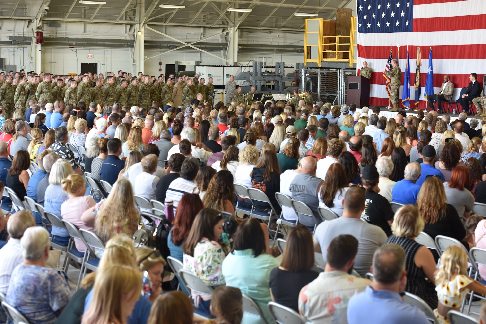 U.S. Air Force Maj. Gen. Donald Dunbar, the adjutant general of Wisconsin, addresses deploying members of the 115th Fighter Wing and their families at a send off ceremony held at Truax Field, Madison, Wis., July 21, 2019.  The 115th Fighter Wing deployed approximately 300 personnel and a number of aircraft to Afghanistan in support of Operation Freedom Sentinel and NATO's Resolute Support. (U.S. Air National Guard photo by Staff Sgt. Kyle Russell)