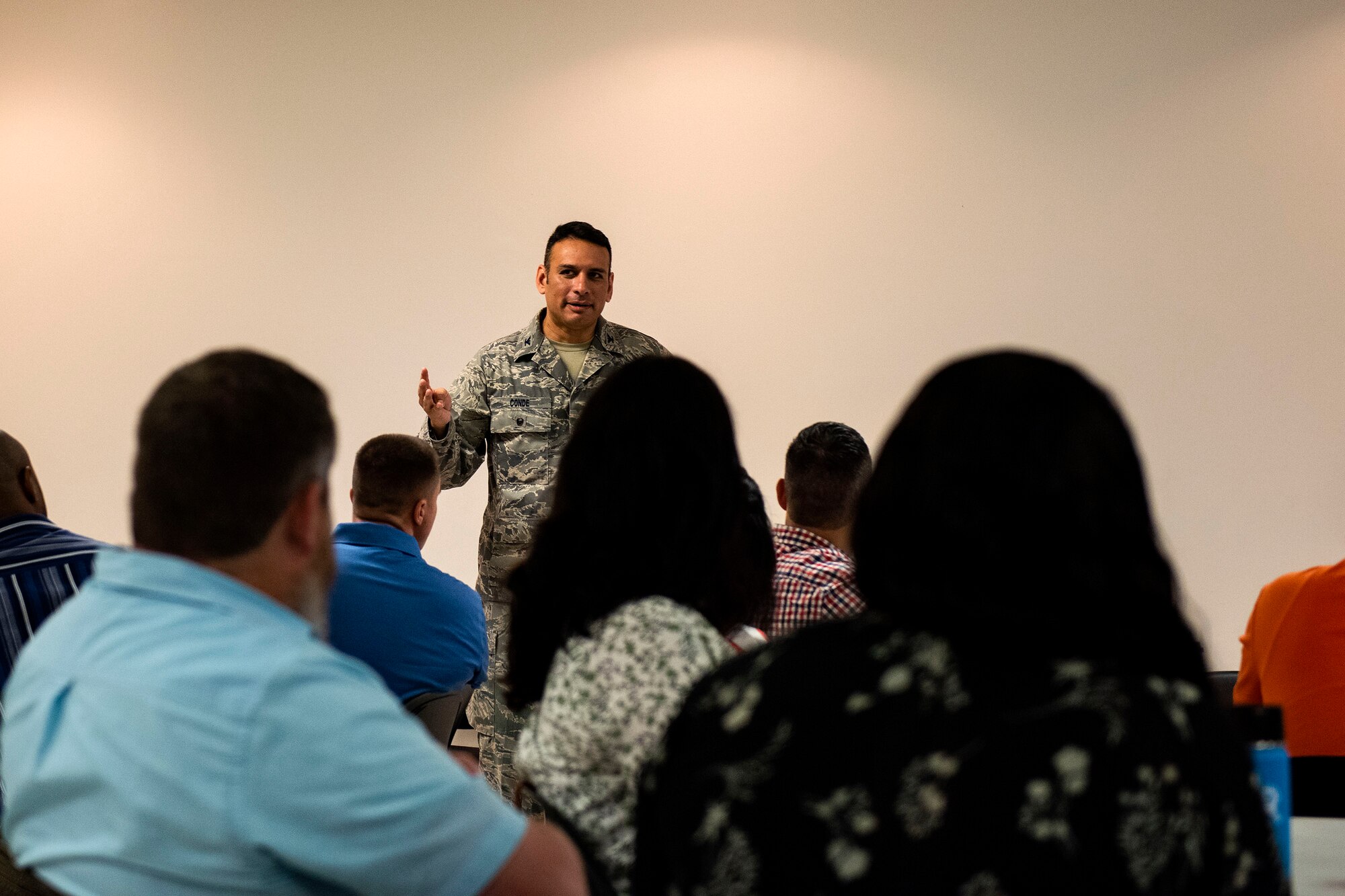 Col. Benjamin Conde, 23d Wing vice commander, gives remarks during a National Security Innovation Network “Innovation Bootcamp” course, July 23, 2019, at Moody Air Force Base, Ga. Over the four-day bootcamp, 29 Airmen learned how to apply innovative solutions to Moody specific challenges under guidance of a team from the University of California, Berkeley. (U.S. Air Force photo by Senior Airman Erick Requadt)
