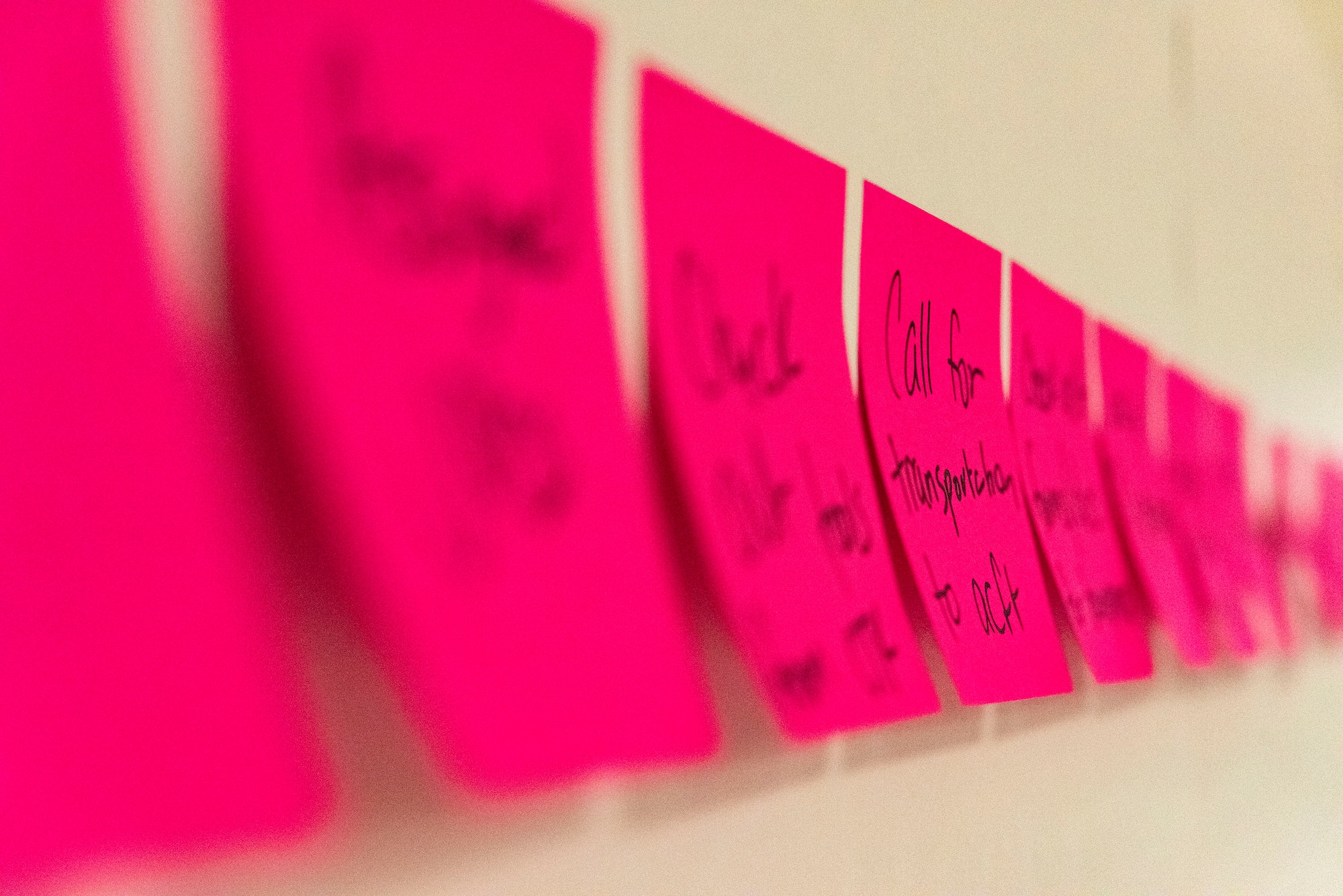 Sticky notes rest on a wall during a National Security Innovation Network “Innovation Bootcamp” course, July 24, 2019, at Moody Air Force Base, Ga. Bootcamp attendees had a chance to address a challenge specific to Moody through human-centered-design-problem-solving methodology. (U.S. Air Force photo by Senior Airman Erick Requadt)