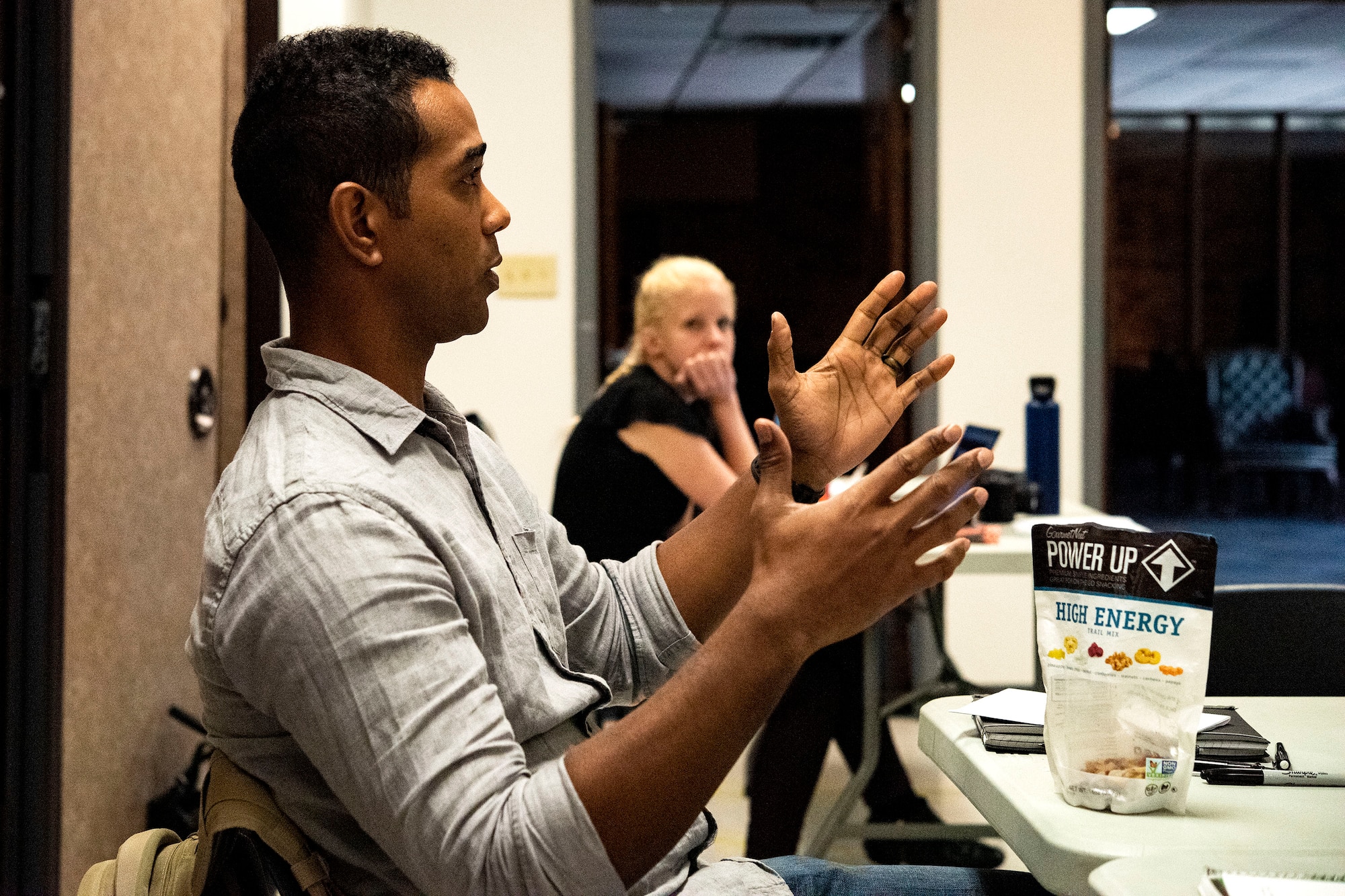 Tech. Sgt. Kareem Samuel, 75th Aircraft Maintenance unit specialist expeditor, gives his input to a question during a National Security Innovation Network “Innovation Bootcamp” course, July 24, 2019, at Moody Air Force Base, Ga. Bootcamp attendees had a chance to address a challenge specific to Moody through human-centered-design-problem-solving methodology. (U.S. Air Force photo by Senior Airman Erick Requadt)