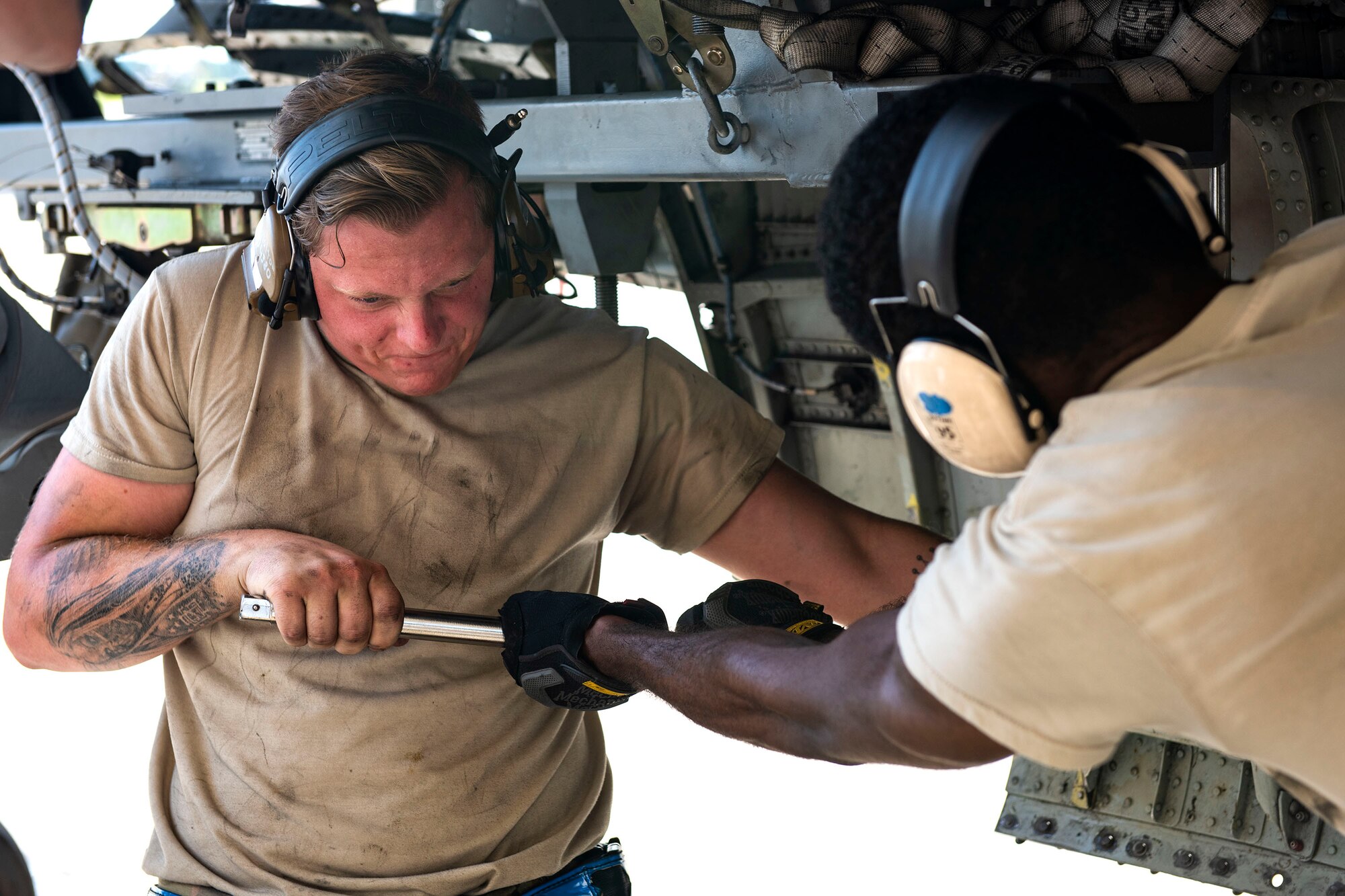 Senior Airman Dylan Holton, 74th Aircraft Maintenance Unit weapons flight crew member, unscrews a bolt to a 30mm GAU-8 Gatling Gun system during unscheduled maintenance, July 23, 2019, at Moody Air Force Base, Ga. Unscheduled maintenance occurs when discrepancies are discovered with A-10C Thunderbolt II weapon systems. These repairs aid in reducing down time of the aircraft and supporting sustained operations tempo. (U.S. Air Force photo by Senior Airman Erick Requadt)