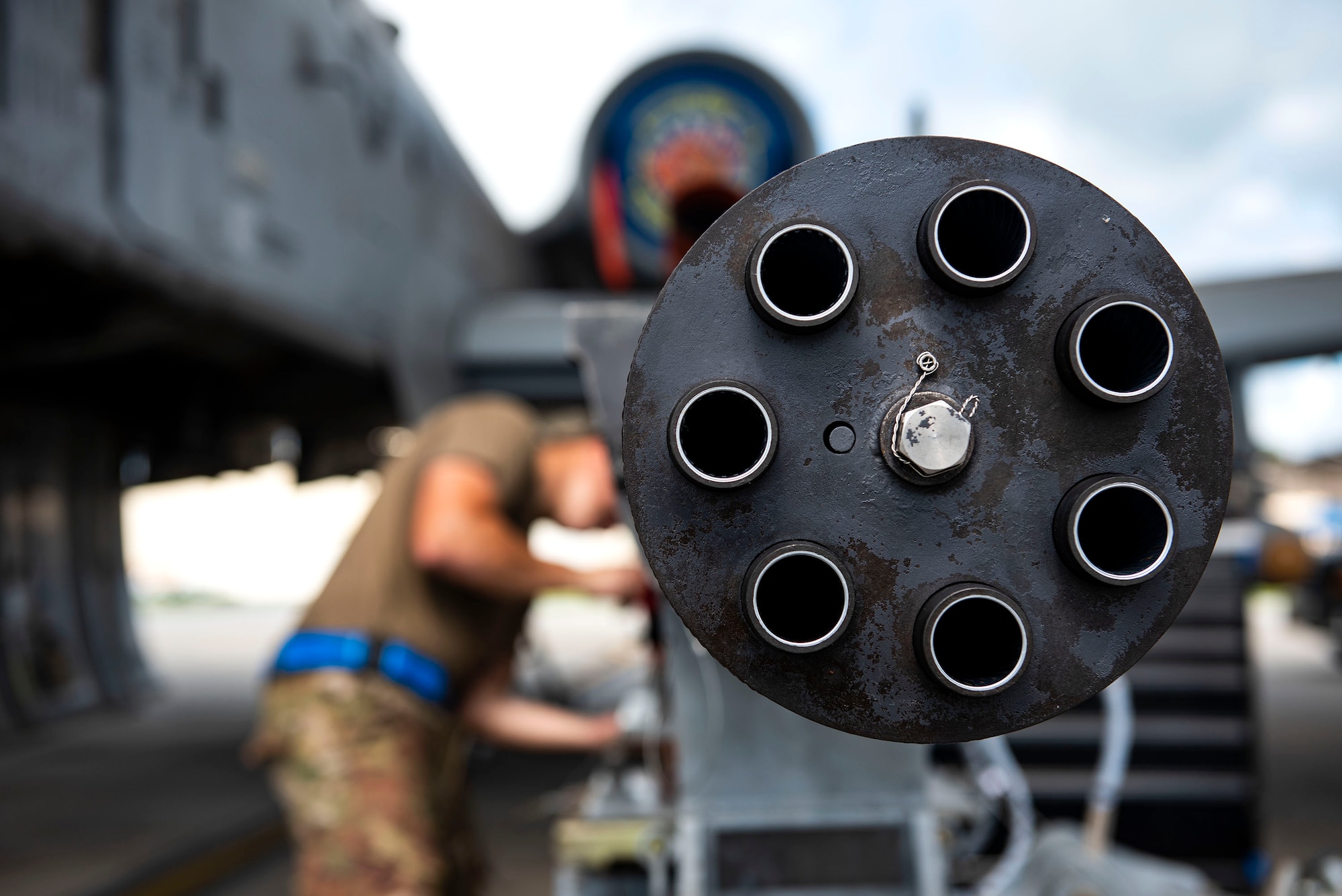 A 30mm GAU-8 Gatling Gun system gets secured during unscheduled maintenance, July 23, 2019, at Moody Air Force Base, Ga. Unscheduled maintenance occurs when discrepancies are discovered with A-10C Thunderbolt II weapon systems. These repairs aid in reducing down time of the aircraft and supporting sustained operations tempo. (U.S. Air Force photo by Senior Airman Erick Requadt)