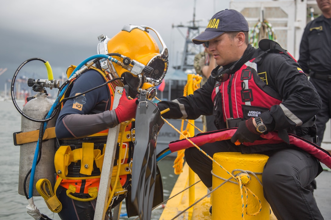 A diver prepares to enter the water.