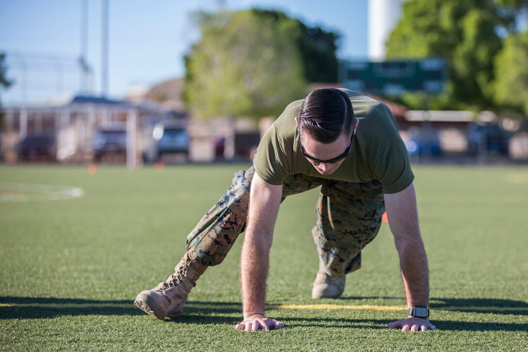 U.S. Marines stationed at Marine Corps Air Station (MCAS) Yuma participate in the MCAS Yuma High Intensity Tactical Training (HITT) Competition at the MCAS Yuma Memorial Sports Complex,  June 27, 2019. The HITT Competition deteremined who would represent MCAS Yuma at the HITT Championships in Quantico, Virgina. (U.S. Marine Corps photo by Cpl. Sabrina Candiaflores)
