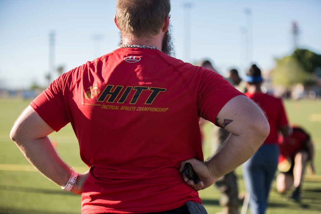 U.S. Marines stationed at Marine Corps Air Station (MCAS) Yuma participate in the MCAS Yuma High Intensity Tactical Training (HITT) Competition at the MCAS Yuma Memorial Sports Complex,  June 27, 2019. The HITT Competition deteremined who would represent MCAS Yuma at the HITT Championships in Quantico, Virgina. (U.S. Marine Corps photo by Cpl. Sabrina Candiaflores)