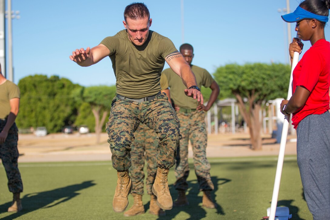 U.S. Marines stationed at Marine Corps Air Station (MCAS) Yuma participate in the MCAS Yuma High Intensity Tactical Training (HITT) Competition at the MCAS Yuma Memorial Sports Complex,  June 27, 2019. The HITT Competition deteremined who would represent MCAS Yuma at the HITT Championships in Quantico, Virgina. (U.S. Marine Corps photo by Cpl. Sabrina Candiaflores)