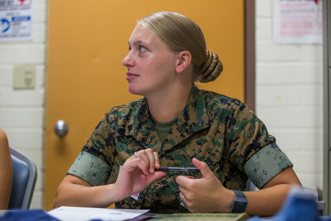 Volunteers with the Navy-Marine Corps Relief Society (NMCRS) conduct the Budget for Baby Workshop at Marine Corps Air Station Yuma, Ariz., July 9, 2019. The NMCRS helps service members and their families prepare financially for their baby's arrival. (U.S. Marine Corps photo by Cpl. Sabrina Candiaflores)