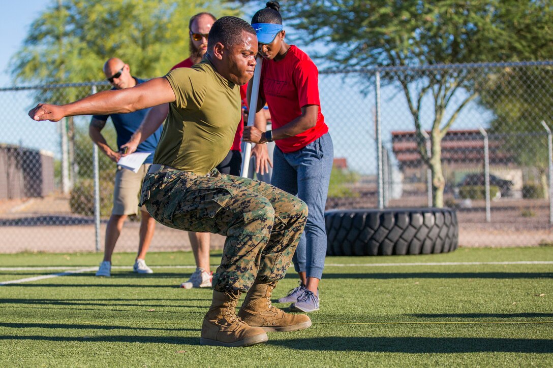 U.S. Marines stationed at Marine Corps Air Station (MCAS) Yuma participate in the MCAS Yuma High Intensity Tactical Training (HITT) Competition at the MCAS Yuma Memorial Sports Complex,  June 27, 2019. The HITT Competition deteremined who would represent MCAS Yuma at the HITT Championships in Quantico, Virgina. (U.S. Marine Corps photo by Cpl. Sabrina Candiaflores)
