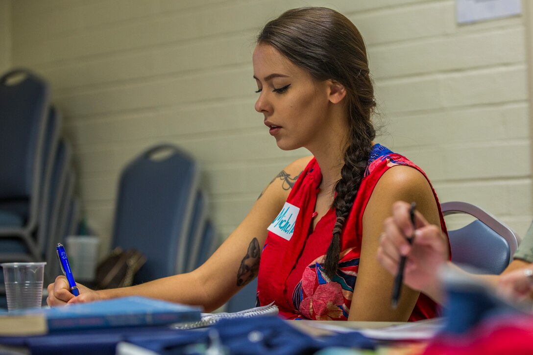 Volunteers with the Navy-Marine Corps Relief Society (NMCRS) conduct the Budget for Baby Workshop at Marine Corps Air Station Yuma, Ariz., July 9, 2019. The NMCRS helps service members and their families prepare financially for their baby's arrival. (U.S. Marine Corps photo by Cpl. Sabrina Candiaflores)
