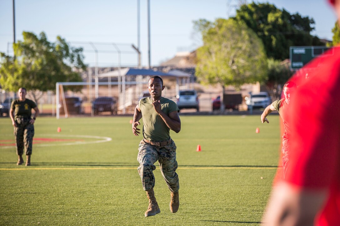 U.S. Marines stationed at Marine Corps Air Station (MCAS) Yuma participate in the MCAS Yuma High Intensity Tactical Training (HITT) Competition at the MCAS Yuma Memorial Sports Complex,  June 27, 2019. The HITT Competition deteremined who would represent MCAS Yuma at the HITT Championships in Quantico, Virgina. (U.S. Marine Corps photo by Cpl. Sabrina Candiaflores)