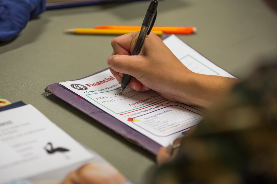 Volunteers with the Navy-Marine Corps Relief Society (NMCRS) conduct the Budget for Baby Workshop at Marine Corps Air Station Yuma, Ariz., July 9, 2019. The NMCRS helps service members and their families prepare financially for their baby's arrival. (U.S. Marine Corps photo by Cpl. Sabrina Candiaflores)