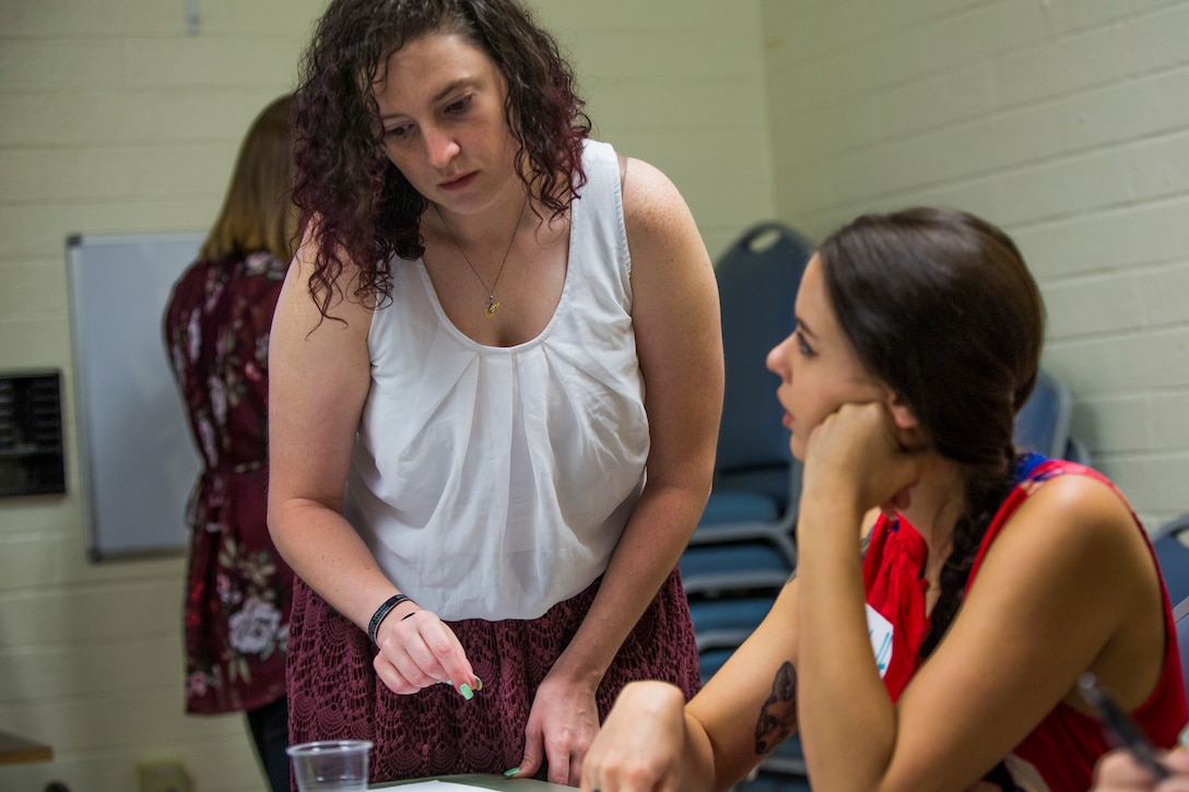 Volunteers with the Navy-Marine Corps Relief Society (NMCRS) conduct the Budget for Baby Workshop at Marine Corps Air Station Yuma, Ariz., July 9, 2019. The NMCRS helps service members and their families prepare financially for their baby's arrival. (U.S. Marine Corps photo by Cpl. Sabrina Candiaflores)