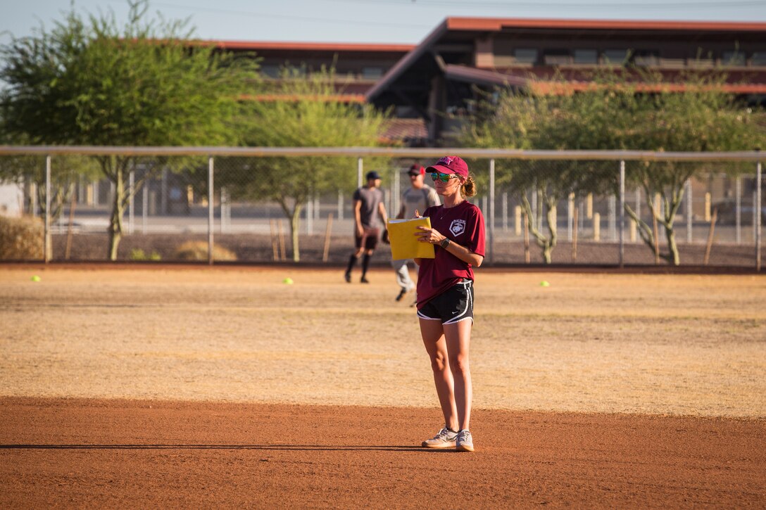 U.S. Marines, Sailors, and DoD employees participate in the Intramural Summer-Season Softball Home-Run Derby on Marine Corps Air Station Yuma, Ariz., July 1, 2019. The derby was hosted by Marine Corps Community Services (MCCS) as a friendly competition between the intramural softball teams to kick off their playoff season. (U.S. Marine Corps photo by Sgt. Isaac D. Martinez)