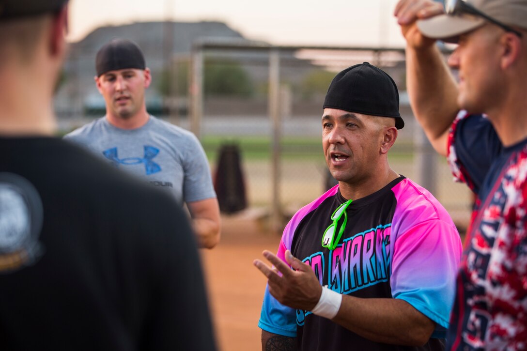 U.S. Marines, Sailors, and DoD employees participate in the Intramural Summer-Season Softball Home-Run Derby on Marine Corps Air Station Yuma, Ariz., July 1, 2019. The derby was hosted by Marine Corps Community Services (MCCS) as a friendly competition between the intramural softball teams to kick off their playoff season. (U.S. Marine Corps photo by Sgt. Isaac D. Martinez)