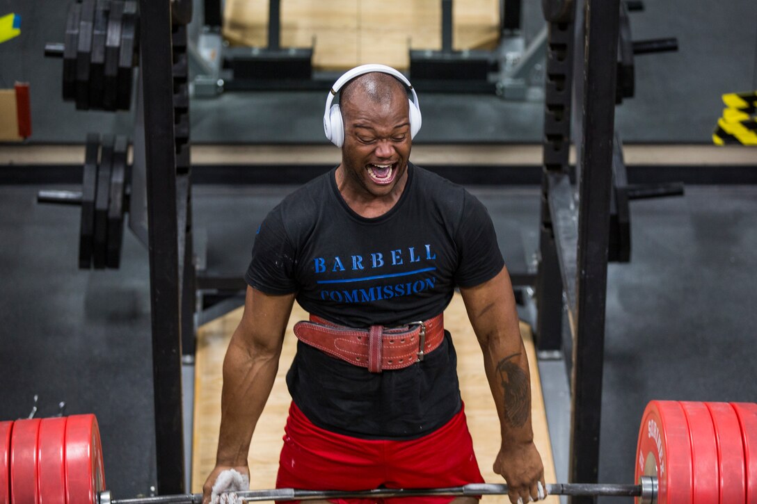 U.S. Marine Corps Cpl. Markeith Hunt, an aircraft maintenance administration specialist assigned to Marine Unmanned Aerial Vehicle Squadron (VMU) 1, physically trains during his free time at the Marine Corps Air Station (MCAS) Yuma Gym, July 8, 2019. The station gym is open 24 hours and is available for all service members and their families. (U.S. Marine Corps photo by Cpl. Sabrina Candiaflores)