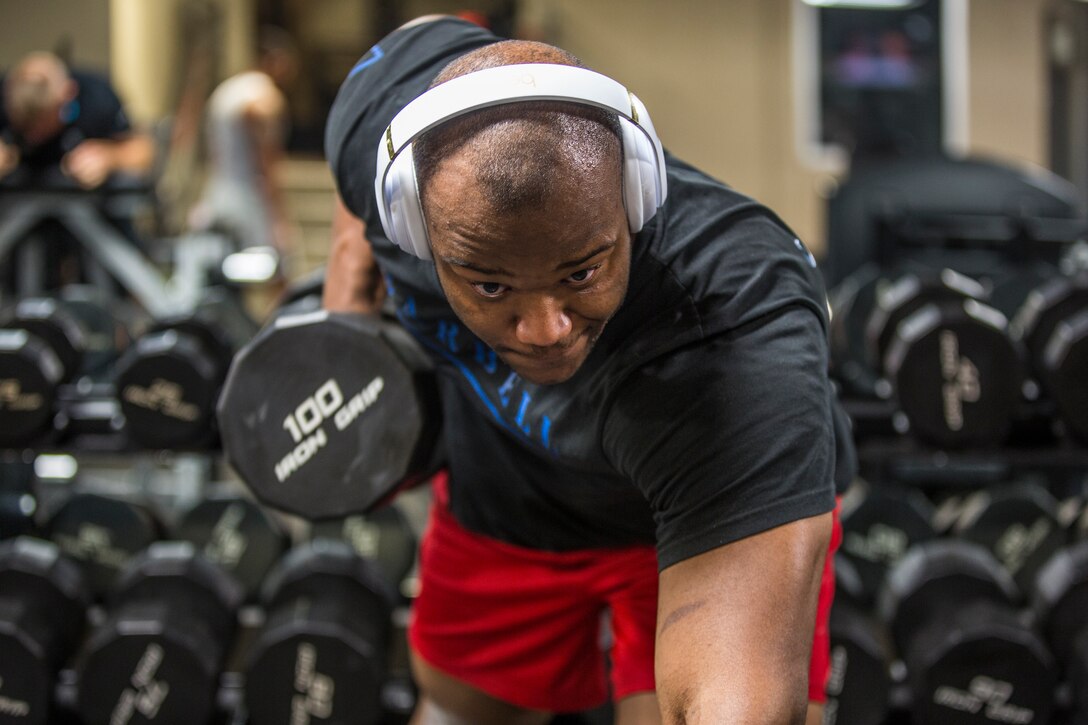 U.S. Marine Corps Cpl. Markeith Hunt, an aircraft maintenance administration specialist assigned to Marine Unmanned Aerial Vehicle Squadron (VMU) 1, physically trains during his free time at the Marine Corps Air Station (MCAS) Yuma Gym, July 8, 2019. The station gym is open 24 hours and is available for all service members and their families. (U.S. Marine Corps photo by Cpl. Sabrina Candiaflores)