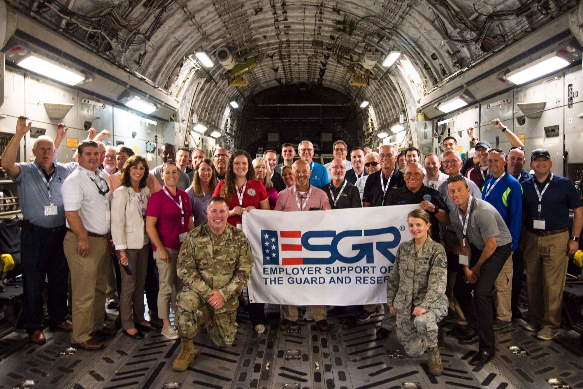 The 315th Airlift Wing takes to the Carolina sky for an Employer Airlift mission July 24, 2019, at Joint Base Charleston. 
At 1,000 feet altitude, 40 Employer Support of the Guard and Reserve employers of S.C. are faceted and secured along the seats of a C-17 Globemaster III as the rear ramp began to open up to reveal the Charleston shores below. The view of Fort Sumter, Folly Beach and the Charleston Peninsula mid-flight displayed the aviation acrobatics and skills that our Guardsmen and Reserve Airmen maintain throughout their monthly duties in South Carolina.
	With this firsthand understanding, the SC ESGR employers experienced superior air power. “It’s important for us to have the support of our employers to do what we do,” said Col. Lamar Thigpen, 315 AW vice commander.