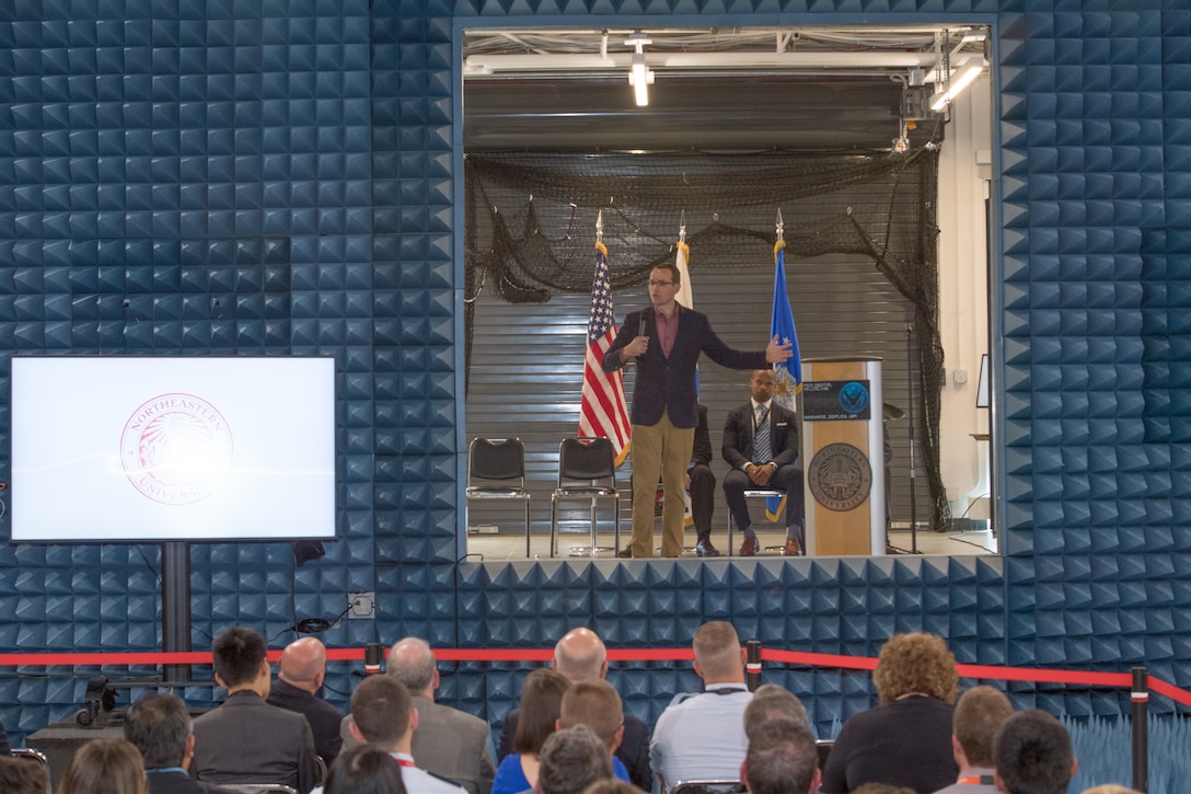 Dr. Will Roper, Air Force assistant secretary for Acquisition, Technology and Logistics, speaks during Drone Pitch Day, July 24, at Northeastern University’s Innovation Campus in Burlington, Mass. Roper addressed government, academic and industry partners inside the Innovation Campus anechoic chamber, where researchers test electromagnetic devices. (U.S. Air Force photo by Todd Maki)