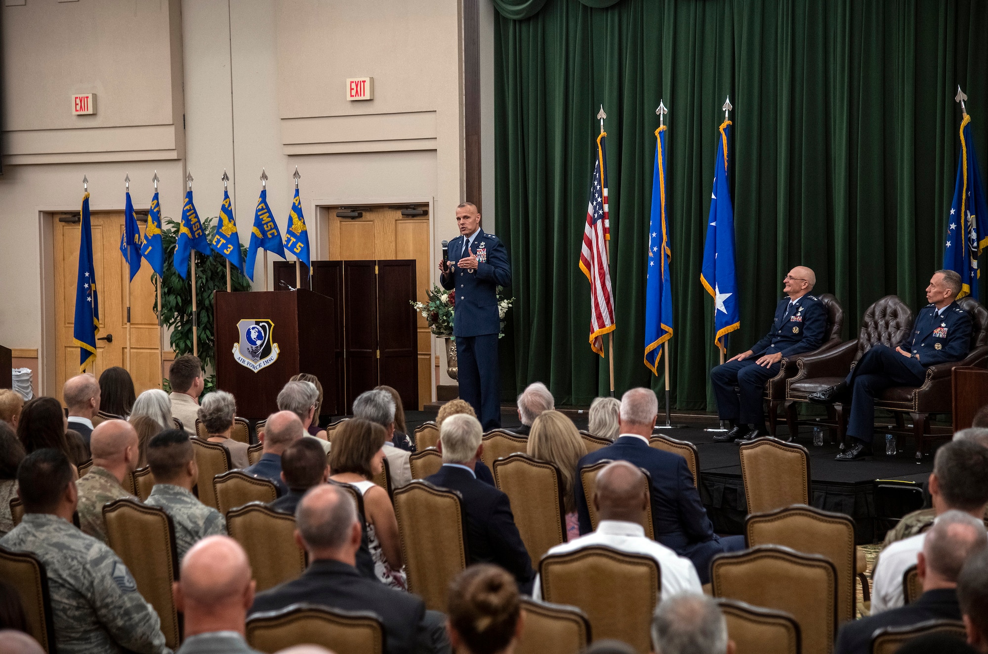 Maj. Gen. Brad Spacy, outgoing Air Force Installation and Mission Support Center commander, addresses the audience during the AFIMSC change of command July 25 at Joint Base San Antonio-Lackland. The general is retiring after 32 years of service. (U.S. Air Force photo by Johnny Saldivar)