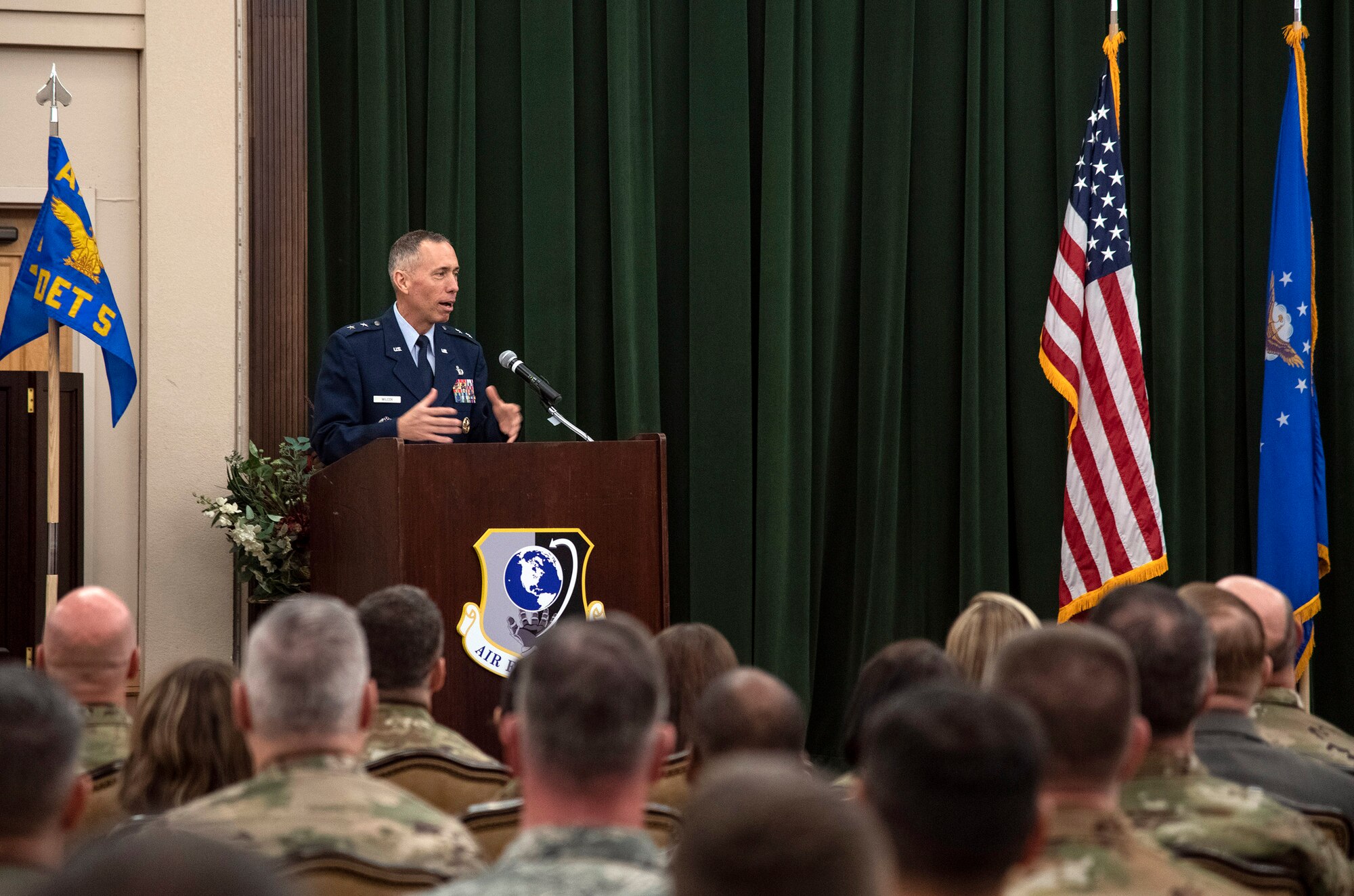 Maj. Gen. Tom Wilcox, commander of the Air Force Installation and Mission Support Center, addresses the audience after taking command July 25 in a ceremony at the Gateway Club on Joint Base San Antonio-Lackland. (U.S. Air Force photo by Johnny Saldivar)
