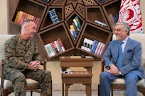 Marine Corps Gen. Joe Dunford, chairman of the Joint Chiefs of Staff, and United Kingdom Army Gen. Sir Nicholas Carter, UK chief of defense staff, meet with Afghan Chief Executive Abdullah Abdullah at the Sepidar Palace in Kabul, Afghanistan, July 25, 2019.