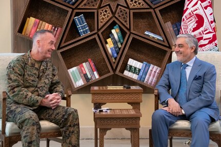 Marine Corps Gen. Joe Dunford, chairman of the Joint Chiefs of Staff, and United Kingdom Army Gen. Sir Nicholas Carter, UK chief of defense staff, meet with Afghan Chief Executive Abdullah Abdullah at the Sepidar Palace in Kabul, Afghanistan, July 25, 2019.