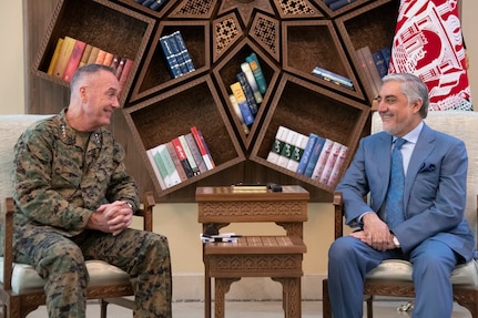Marine Corps Gen. Joe Dunford, chairman of the Joint Chiefs of Staff, and United Kingdom Army Gen. Sir Nicholas Carter, UK chief of defense staff, meet with Afghan Chief Executive Abdullah Abdullah at the Sepidar Palace in Kabul, Afghanistan, July 25, 2019.