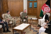 Marine Corps Gen. Joe Dunford, chairman of the Joint Chiefs of Staff, and United Kingdom Army Gen. Sir Nicholas Carter, UK chief of defense staff, meet with Afghan President Ashraf Ghani at the Presidential Palace in Kabul, Afghanistan, July 25, 2019.