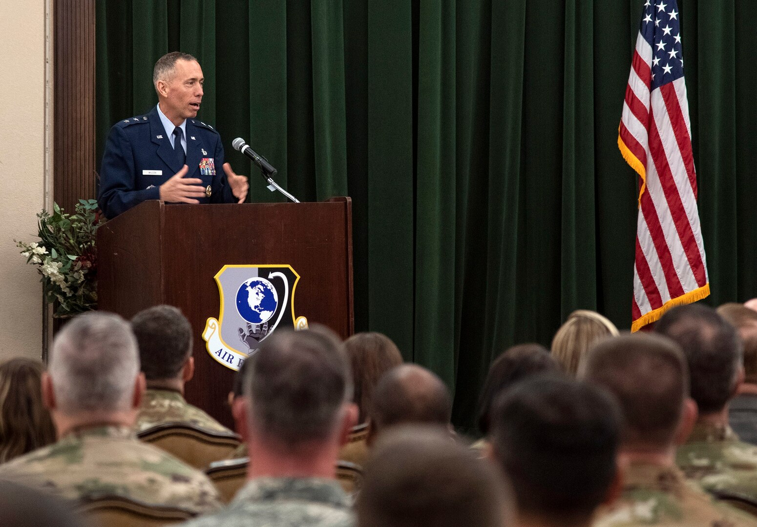 Maj. Gen. Tom Wilcox, commander of the Air Force Installation and Mission Support Center, addresses the audience after taking command July 25 in a ceremony at the Gateway Club on Joint Base San Antonio-Lackland.