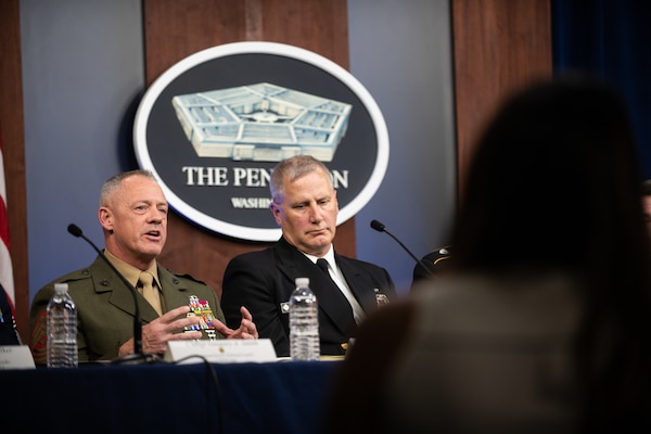Marine Corps Sgt. Maj. Bryan K. Zickefoose, the senior enlisted leader for U.S. Southern Command, speaks during a press brief in the Pentagon Press Briefing Room as part of the Defense Senior Enlisted Leader Council (DSELC) Symposium in Washington, D.C., July 24, 2019. The DSELC brings together Service Senior Enlisted Advisors, Combatant Command and select Sub-Unified Command Senior Enlisted Leaders to meet and address enlisted issues impacting the Joint Force.
