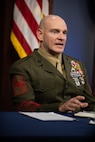 Marine Corps Sgt. Maj. Troy E. Black, future Sgt. Maj. of the Marine Corps, answers a question during a press briefing in the Pentagon Press Briefing Room as part of the Defense Senior Enlisted Leader Council (DSELC) Symposium in Washington, D.C., July 24, 2019. The DSELC brings together Service Senior Enlisted Advisors, Combatant Command and select Sub-Unified Command Senior Enlisted Leaders to meet and address enlisted issues impacting the Joint Force.