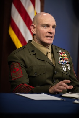 Marine Corps Sgt. Maj. Troy E. Black, future Sgt. Maj. of the Marine Corps, answers a question during a press briefing in the Pentagon Press Briefing Room as part of the Defense Senior Enlisted Leader Council (DSELC) Symposium in Washington, D.C., July 24, 2019. The DSELC brings together Service Senior Enlisted Advisors, Combatant Command and select Sub-Unified Command Senior Enlisted Leaders to meet and address enlisted issues impacting the Joint Force.