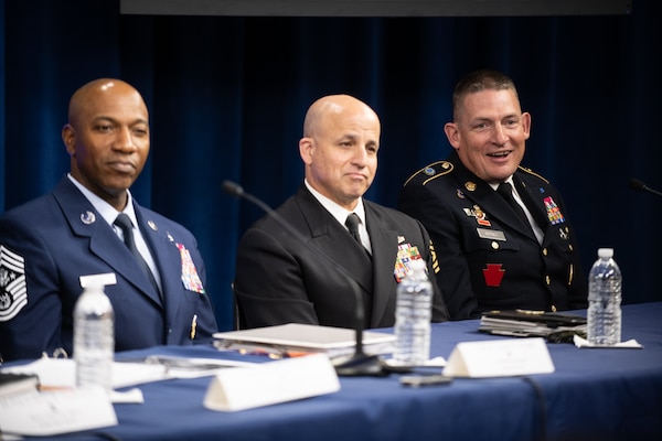 Army Command Sgt. Maj. Christopher S. Kepner, senior enlisted advisor to the National Guard Bureau, answers a question during a press briefing as part of the Defense Senior Enlisted Leader Council (DSELC) Symposium in Washington, D.C., July 24, 2019. The DSELC brings together Service Senior Enlisted Advisors, Combatant Command and select Sub-Unified Command Senior Enlisted Leaders to meet and address enlisted issues impacting the Joint Force.